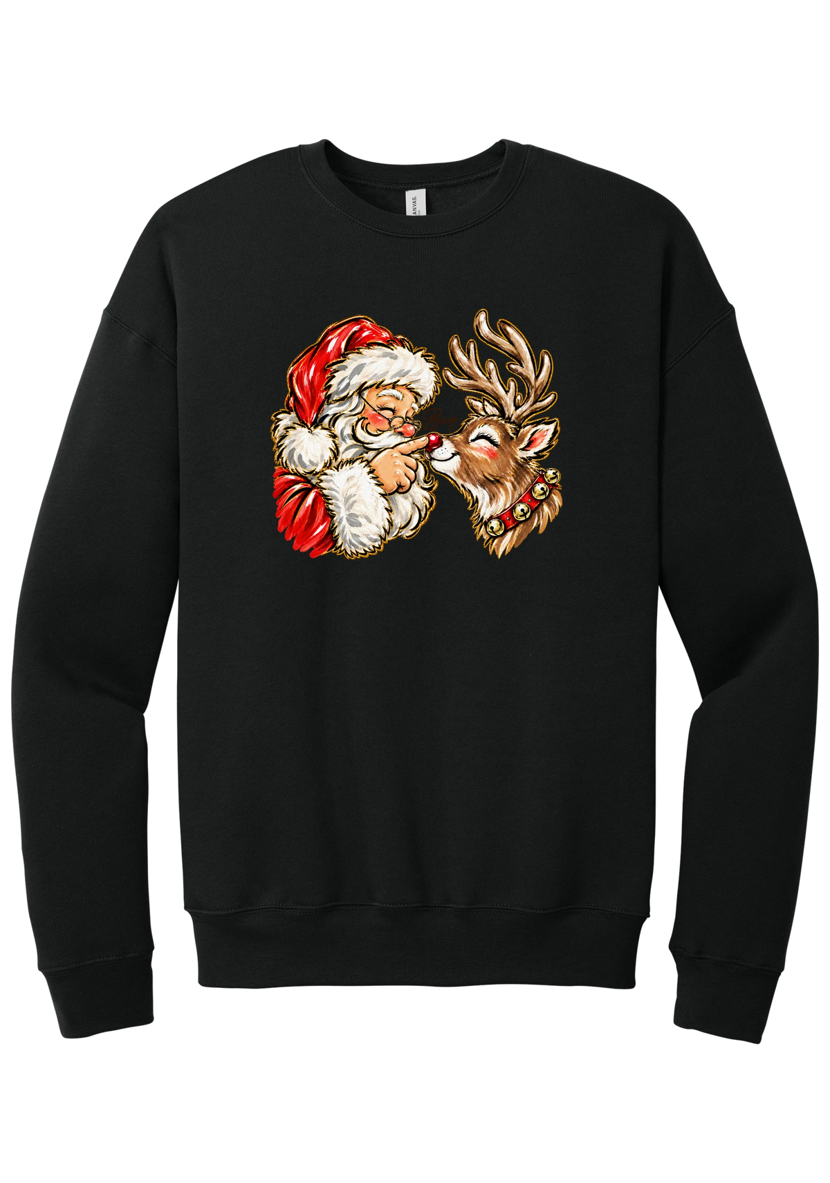 Santa and Rudolph Boop crewneck sweatshirt in Black, featuring a hand-painted vintage Santa booping a smiling reindeer on its red nose