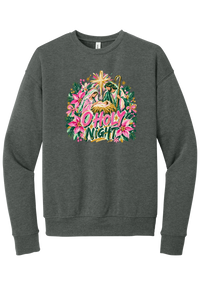 Artful O Holy Night crewneck sweatshirt in Deep Heather, featuring a painted nativity under the star of Bethlehem with O Holy Night lettering framed by pink poinsettias and evergreen