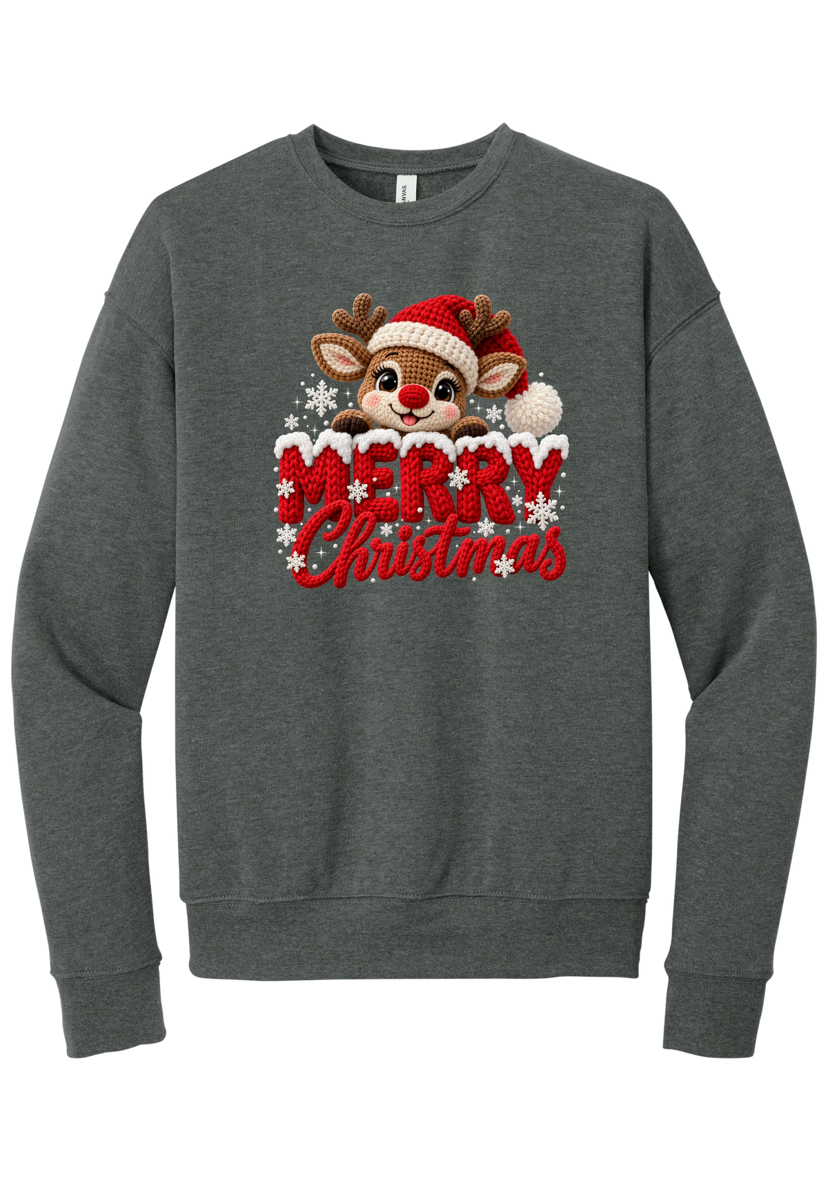 Crocheted Rudolph Merry Christmas crewneck sweatshirt in Deep Heather, featuring a crochet-style reindeer in a Santa hat peeking over knit-texture Merry Christmas lettering with snowflakes