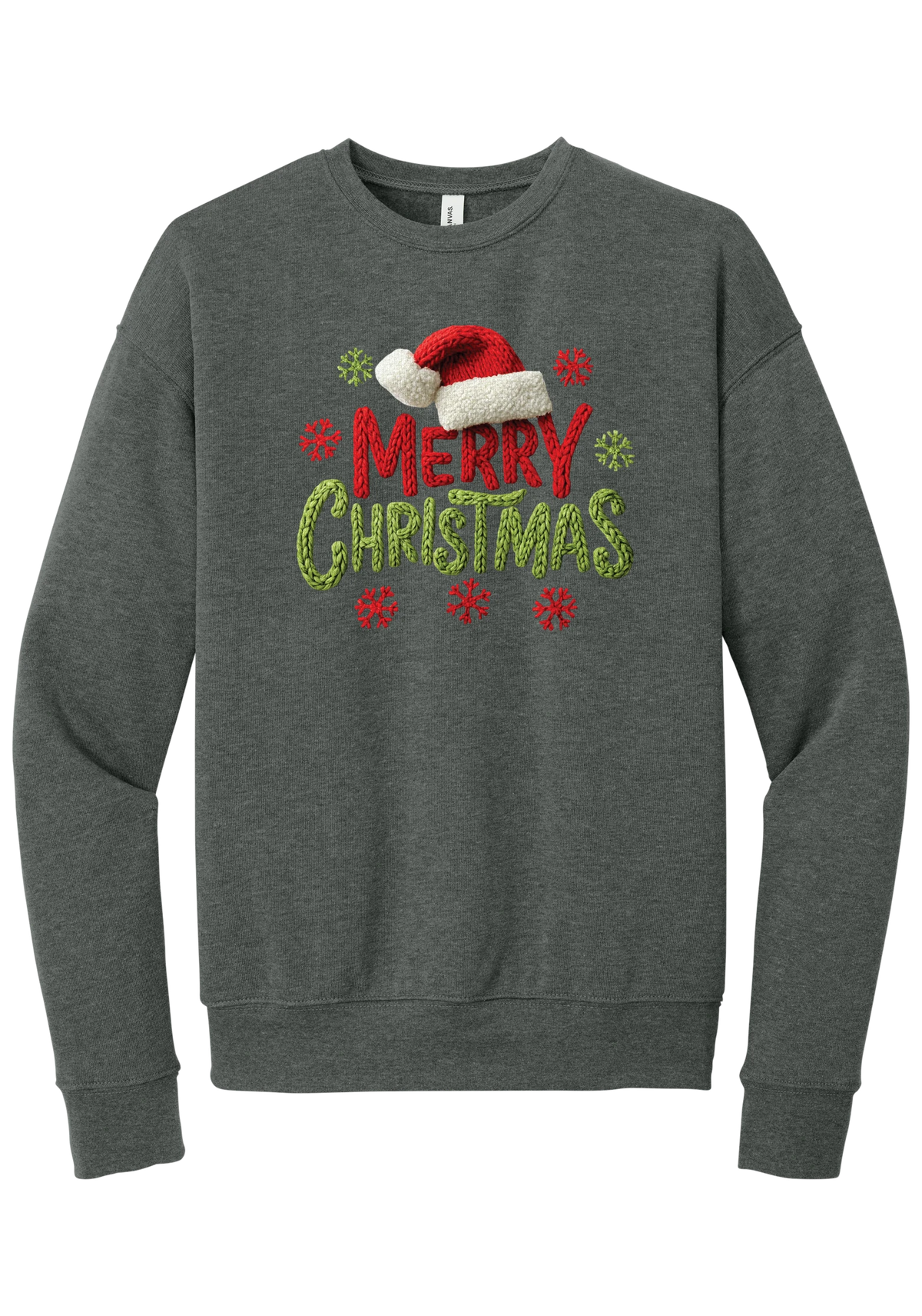 Crocheted Santa Hat Merry Christmas crewneck sweatshirt in Deep Heather, featuring a knit Santa hat over chunky red and green knit-texture Merry Christmas lettering with crochet snowflakes