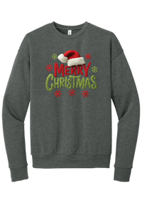 Crocheted Santa Hat Merry Christmas crewneck sweatshirt in Deep Heather, featuring a knit Santa hat over chunky red and green knit-texture Merry Christmas lettering with crochet snowflakes