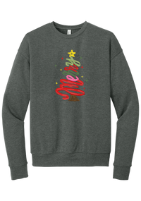 Hand Script Merry Christmas Tree crewneck sweatshirt in Deep Heather, featuring loopy hand-drawn script in red, pink, and green forming a Christmas tree with a gold star and sparkles