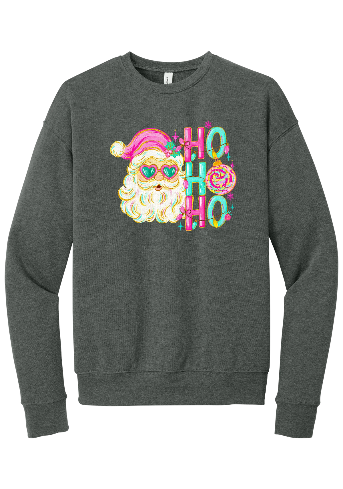 Ho Ho Ho Santa Portrait crewneck sweatshirt in Deep Heather, featuring a pink-hatted Santa in teal heart sunglasses with stacked HO HO HO letters