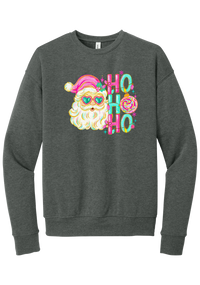 Ho Ho Ho Santa Portrait crewneck sweatshirt in Deep Heather, featuring a pink-hatted Santa in teal heart sunglasses with stacked HO HO HO letters