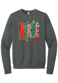 Holiday Nurse Stethoscope crewneck sweatshirt in Deep Heather, featuring patterned NURSE letters in red and green argyle, leopard, and gingham with a striped bow, holly, and a red heart stethoscope