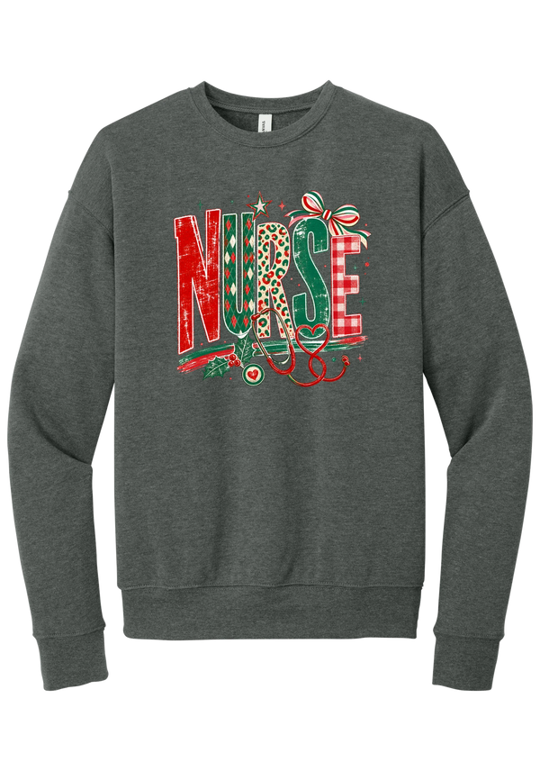 Holiday Nurse Stethoscope crewneck sweatshirt in Deep Heather, featuring patterned NURSE letters in red and green argyle, leopard, and gingham with a striped bow, holly, and a red heart stethoscope