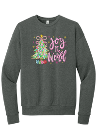 Joy to the World Pastel Tree crewneck sweatshirt in Deep Heather, featuring a pastel tinsel tree with a bow beside Joy to the World pink script