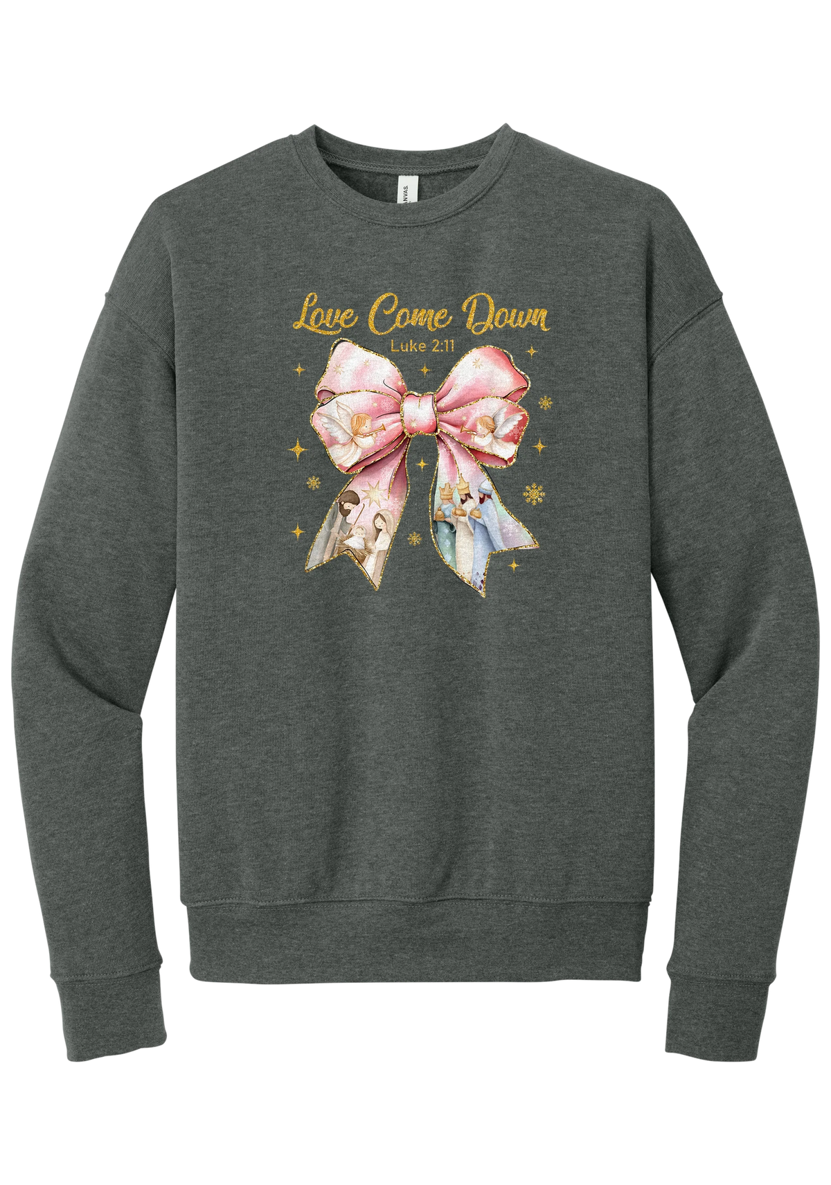 Love Came Down Nativity Bow crewneck sweatshirt in Deep Heather, featuring a blush satin bow with painted nativity scenes under gold Love Came Down script and Luke 2:11