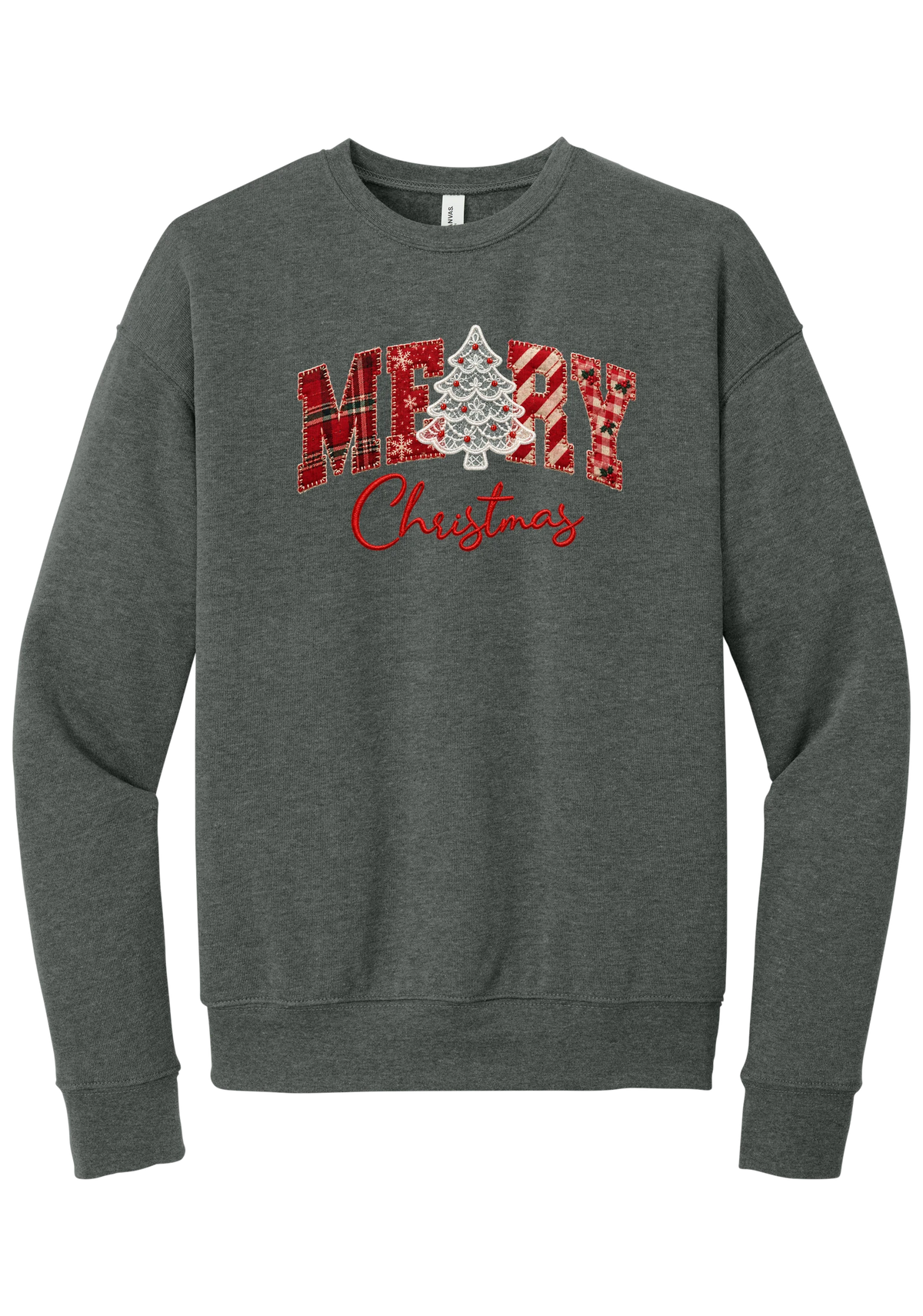 Merry Lace and Pattern Applique crewneck sweatshirt in Deep Heather, featuring faux applique MERRY letters in red plaid, snowflake, candy cane, and gingham fabrics with a lace Christmas tree and red script Christmas