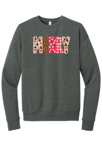 Merry Preppy Applique crewneck sweatshirt in Deep Heather, featuring faux applique MERRY letters in pink and green patchwork patterns with trees, gingham, Santas, polka dots, and candy cane stripes
