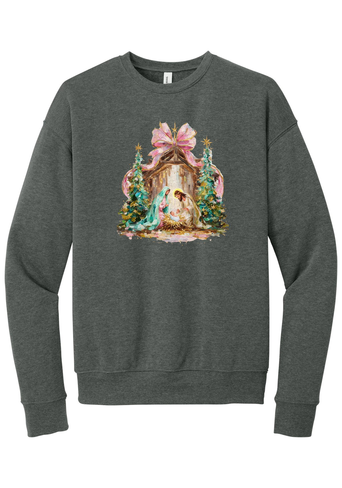 Painterly Nativity crewneck sweatshirt in Deep Heather, featuring a painterly nativity scene with Mary, Joseph, and baby Jesus in a wooden stable between teal Christmas trees and a pink bow
