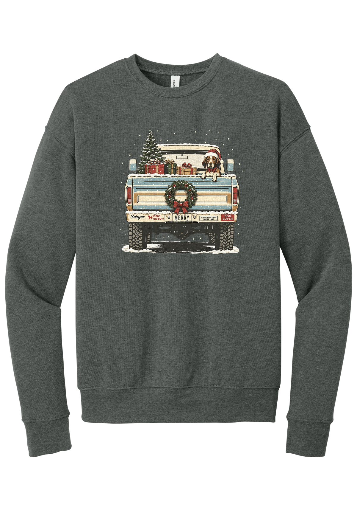 Christmas Pickup Truck with Dog crewneck sweatshirt in Deep Heather, featuring a vintage pickup truck with a Christmas tree, wrapped gifts, a tailgate wreath, and a dog in a Santa hat
