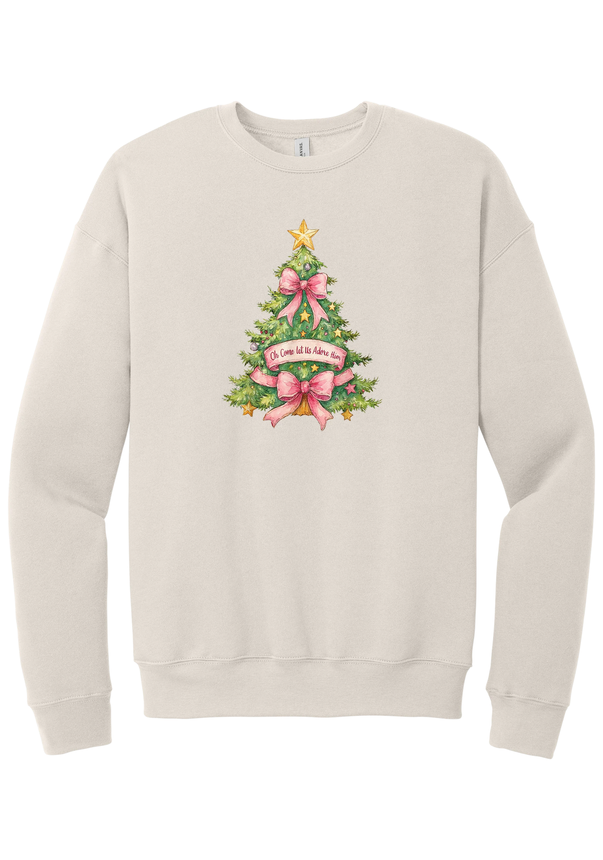 Adore Him Bow Tree crewneck sweatshirt in Heather Dust, featuring a green Christmas tree with pink bows, a gold star, and an Oh Come Let Us Adore Him banner