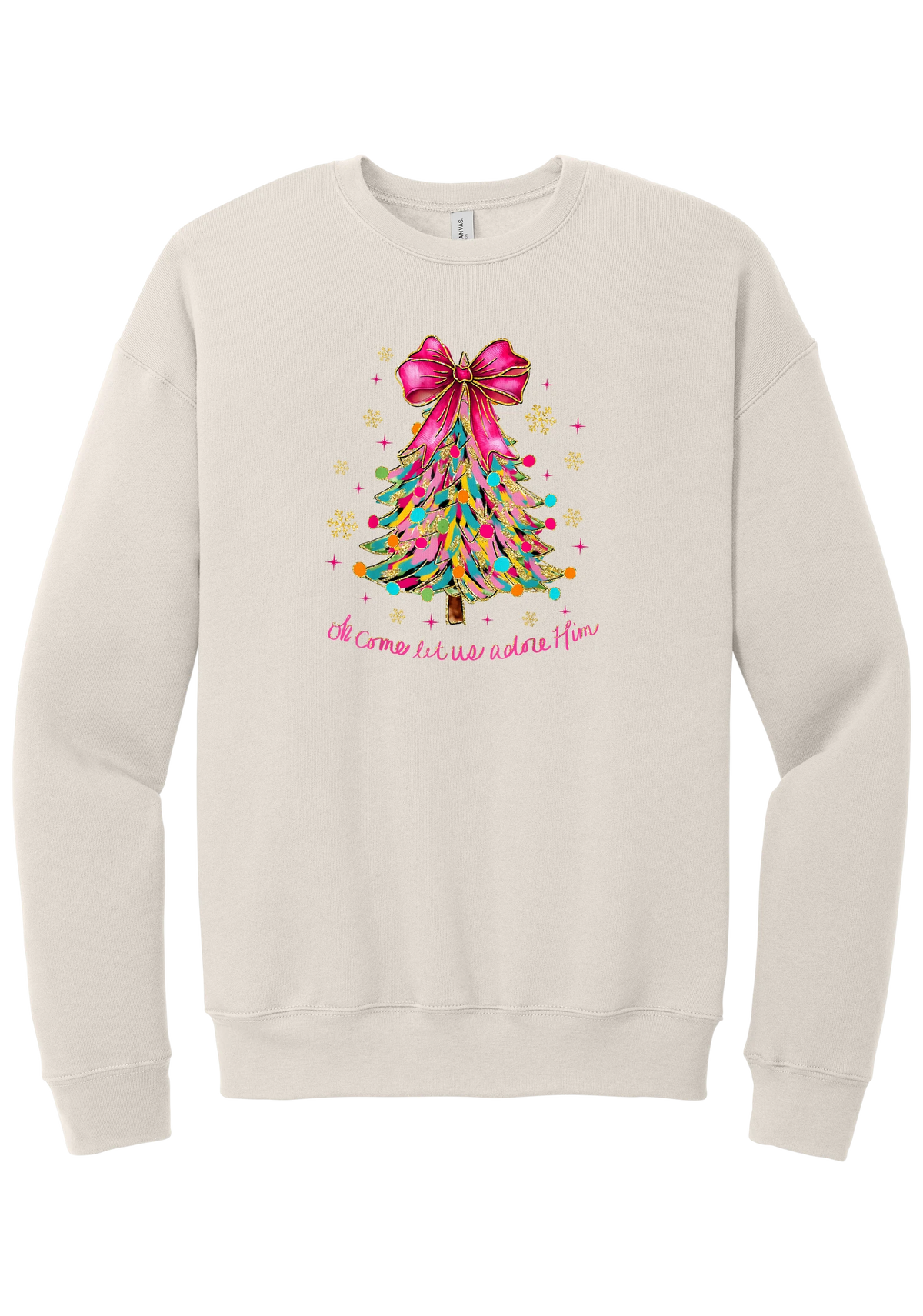 Adore Him Ribbon Tree crewneck sweatshirt in Heather Dust, featuring a colorful ribbon Christmas tree with a pink bow over Oh Come Let Us Adore Him script