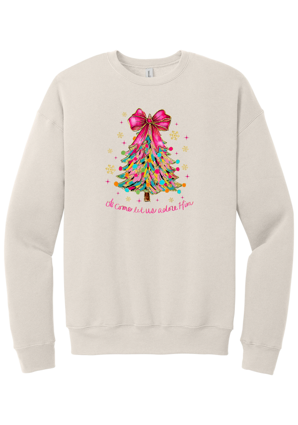 Adore Him Ribbon Tree crewneck sweatshirt in Heather Dust, featuring a colorful ribbon Christmas tree with a pink bow over Oh Come Let Us Adore Him script