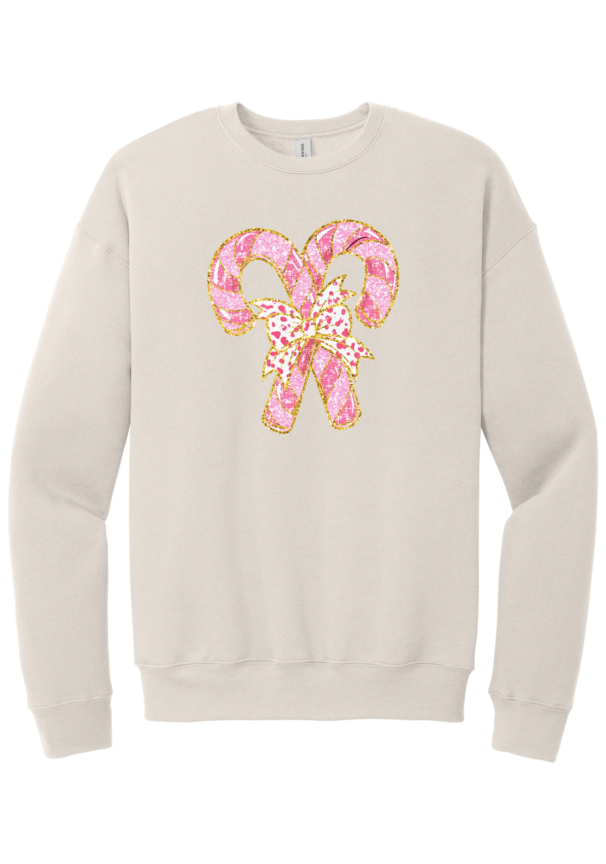 Candy Cane Bow crewneck sweatshirt in Heather Dust, featuring two pink glitter candy canes tied with a leopard heart bow and gold trim