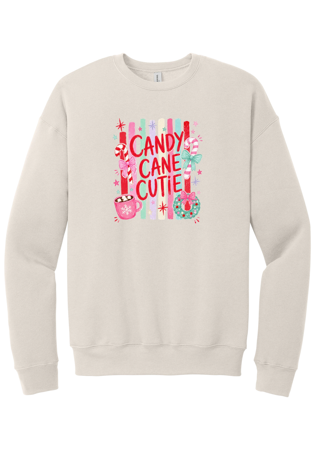 Candy Cane Cutie crewneck sweatshirt in Heather Dust, featuring red CANDY CANE CUTIE letters on pastel stripes with candy canes, cocoa, and bows