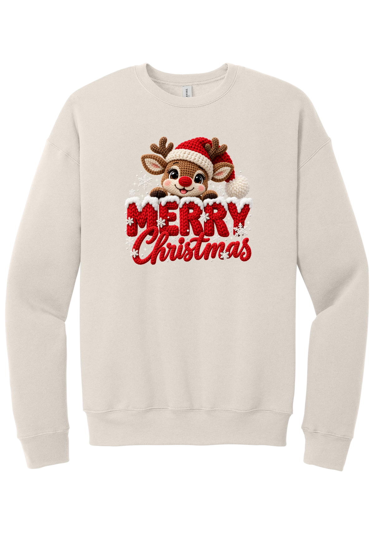 Crocheted Rudolph Merry Christmas crewneck sweatshirt in Heather Dust, featuring a crochet-style reindeer in a Santa hat peeking over knit-texture Merry Christmas lettering with snowflakes