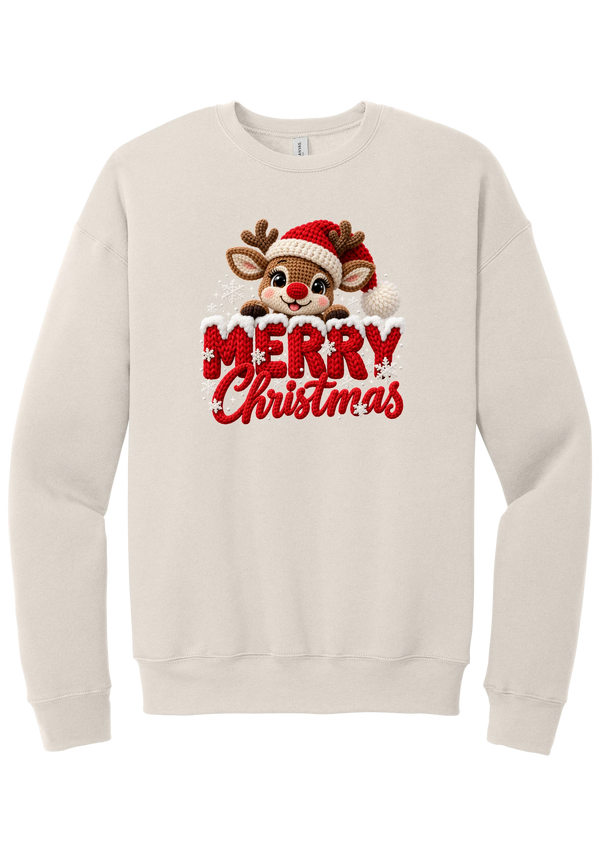 Crocheted Rudolph Merry Christmas crewneck sweatshirt in Heather Dust, featuring a crochet-style reindeer in a Santa hat peeking over knit-texture Merry Christmas lettering with snowflakes