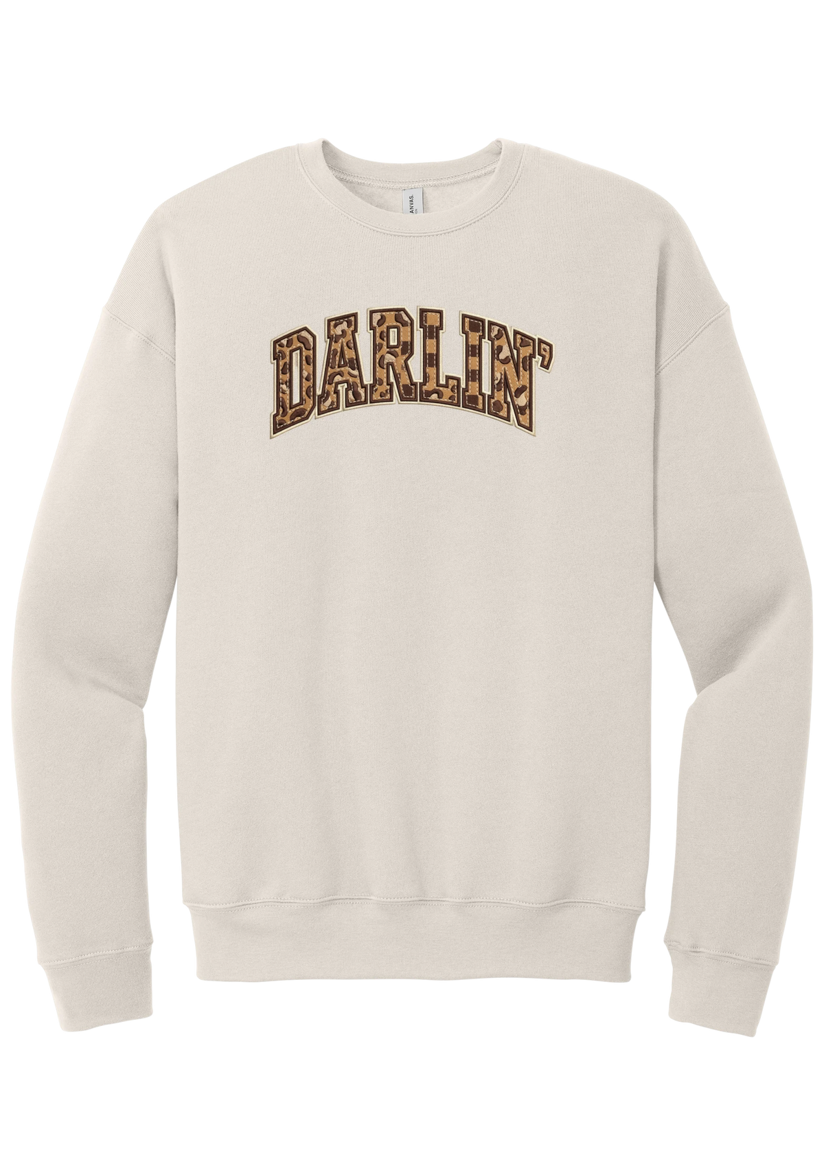 Darlin' crewneck sweatshirt, Checker Outline design, in Heather Dust, featuring arched varsity DARLIN' letters filled with leopard and checker print