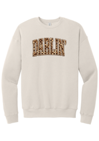 Darlin' crewneck sweatshirt, Leopard Checker design, in Heather Dust, featuring arched varsity DARLIN' letters filled with leopard and checker print