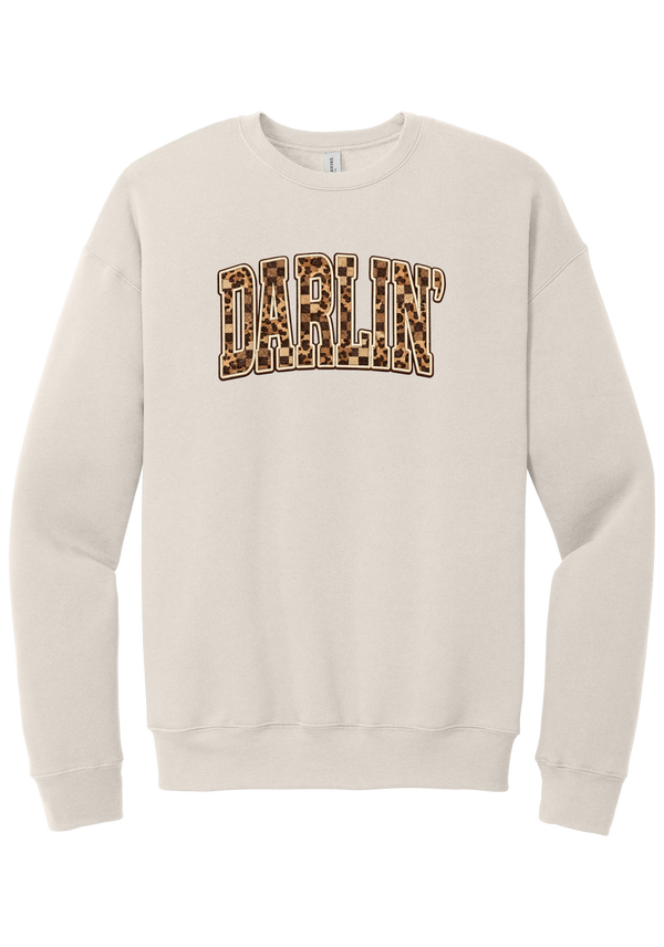 Darlin' crewneck sweatshirt, Leopard Checker design, in Heather Dust, featuring arched varsity DARLIN' letters filled with leopard and checker print
