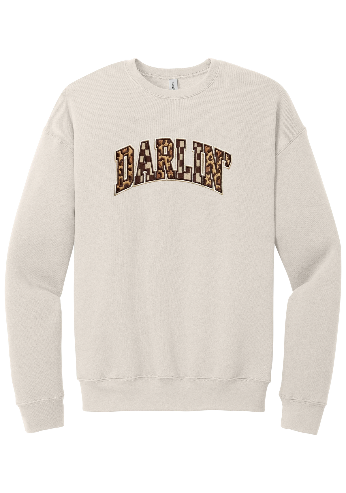 Darlin' crewneck sweatshirt, Patchwork design, in Heather Dust, featuring arched varsity DARLIN' letters filled with leopard and checker print