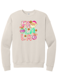 Fa La La Santa crewneck sweatshirt in Heather Dust, featuring puffy pastel FA LA LA letters with a smiling Santa, daisies, and ornaments