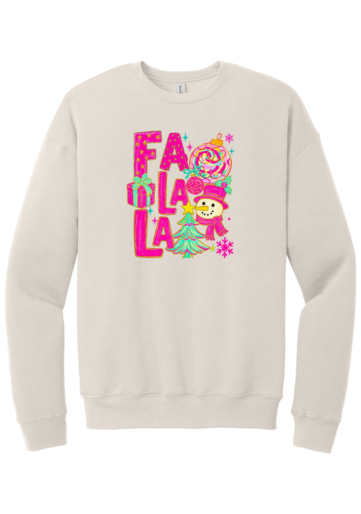 Fa La La Snowman crewneck sweatshirt in Heather Dust, featuring stacked hot pink FA LA LA letters with a snowman, a tinsel tree, gifts, and ornaments