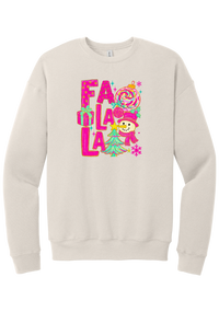 Fa La La Snowman crewneck sweatshirt in Heather Dust, featuring stacked hot pink FA LA LA letters with a snowman, a tinsel tree, gifts, and ornaments