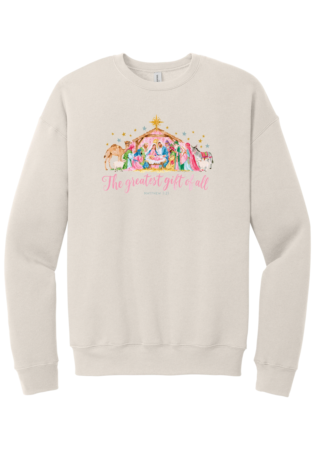 The Greatest Gift of All crewneck sweatshirt in Heather Dust, featuring a pastel watercolor nativity scene under the star with The Greatest Gift of All script and Matthew 1:21