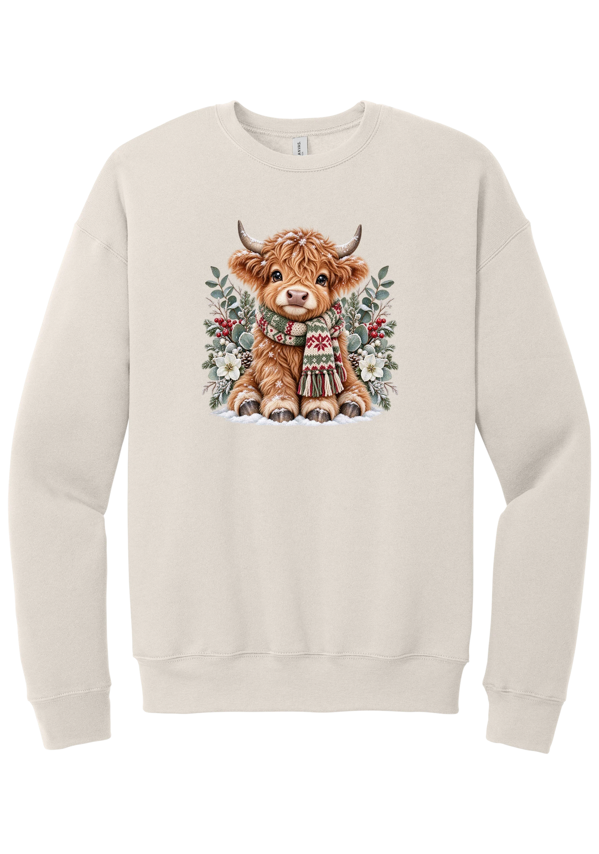 Highland Holidays crewneck sweatshirt in Heather Dust, featuring a fluffy baby Highland cow in a Fair Isle knit scarf, surrounded by frosted eucalyptus, pine, red berries, and white Christmas roses