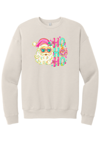 Ho Ho Ho Santa Portrait crewneck sweatshirt in Heather Dust, featuring a pink-hatted Santa in teal heart sunglasses with stacked HO HO HO letters