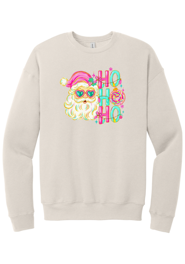 Ho Ho Ho Santa Portrait crewneck sweatshirt in Heather Dust, featuring a pink-hatted Santa in teal heart sunglasses with stacked HO HO HO letters