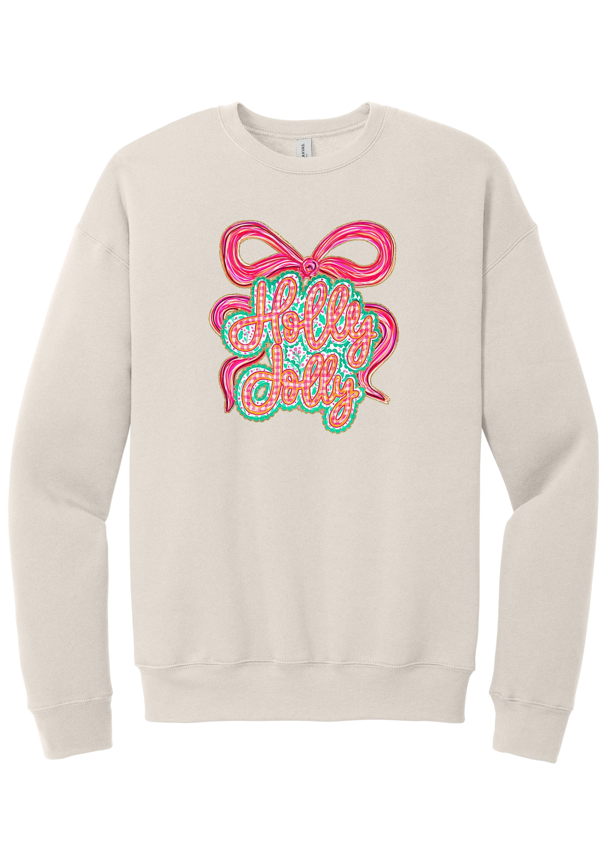 Holly Jolly Bow Script crewneck sweatshirt in Heather Dust, featuring pink gingham Holly Jolly script on a teal badge framed by a big pink bow