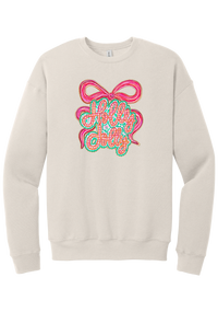Holly Jolly Bow Script crewneck sweatshirt in Heather Dust, featuring pink gingham Holly Jolly script on a teal badge framed by a big pink bow