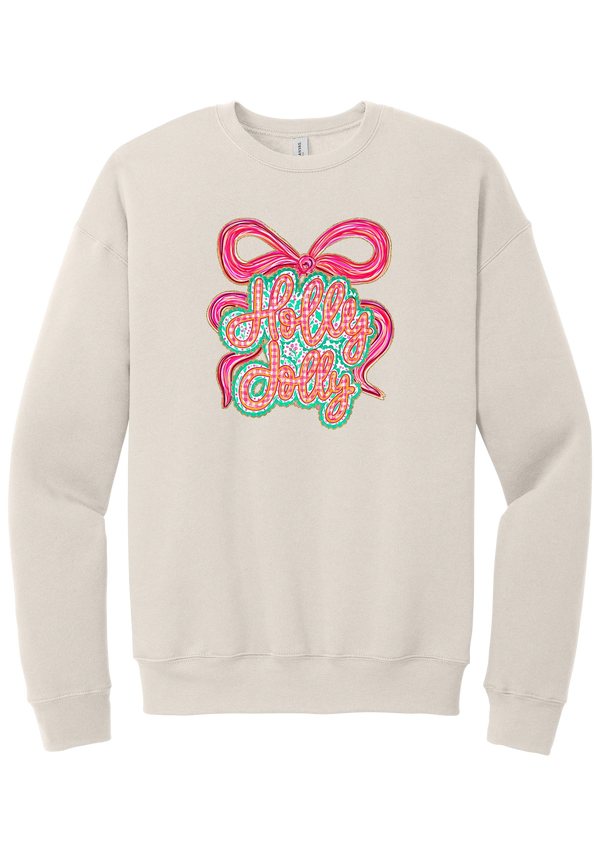 Holly Jolly Bow Script crewneck sweatshirt in Heather Dust, featuring pink gingham Holly Jolly script on a teal badge framed by a big pink bow