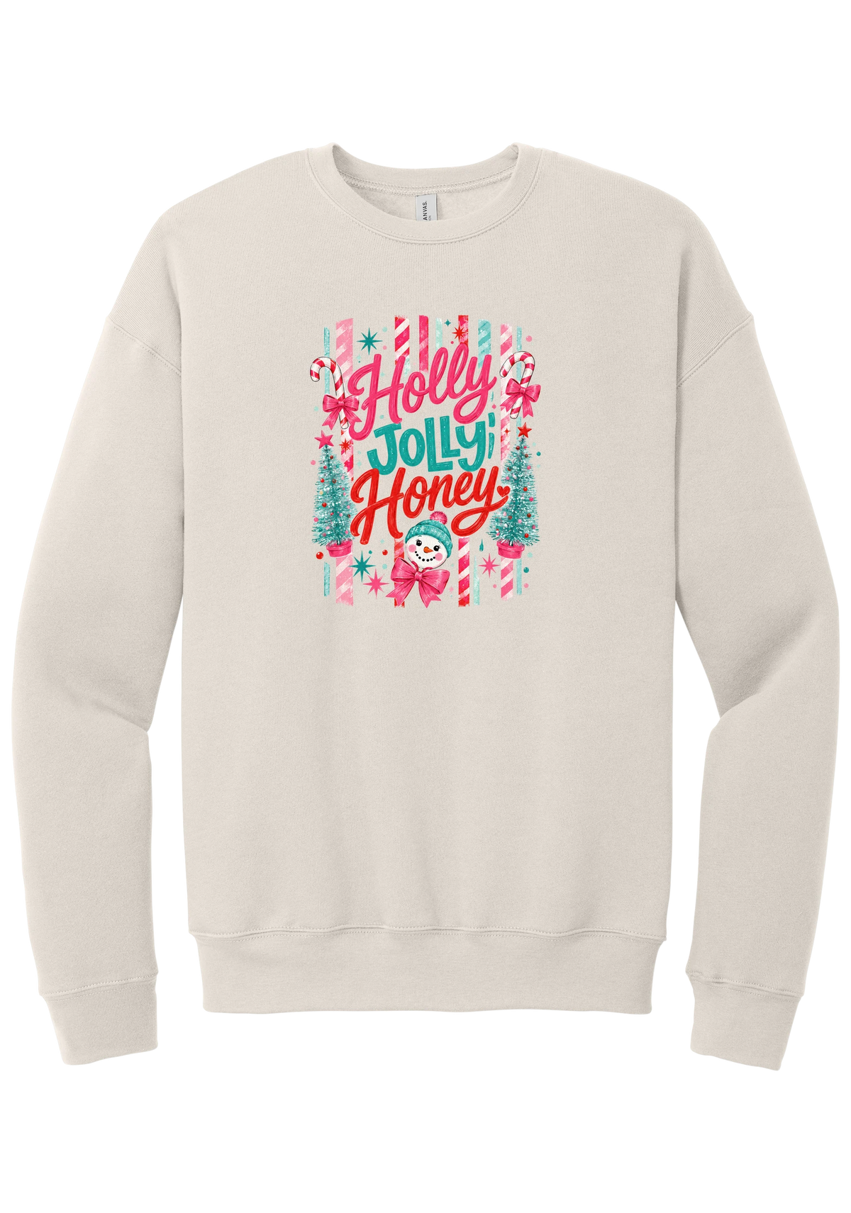 Holly Jolly Honey crewneck sweatshirt in Heather Dust, featuring red and teal Holly Jolly Honey script with candy cane stripes, bottle brush trees, and a snowman