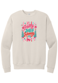 Holly Jolly Honey crewneck sweatshirt in Heather Dust, featuring red and teal Holly Jolly Honey script with candy cane stripes, bottle brush trees, and a snowman