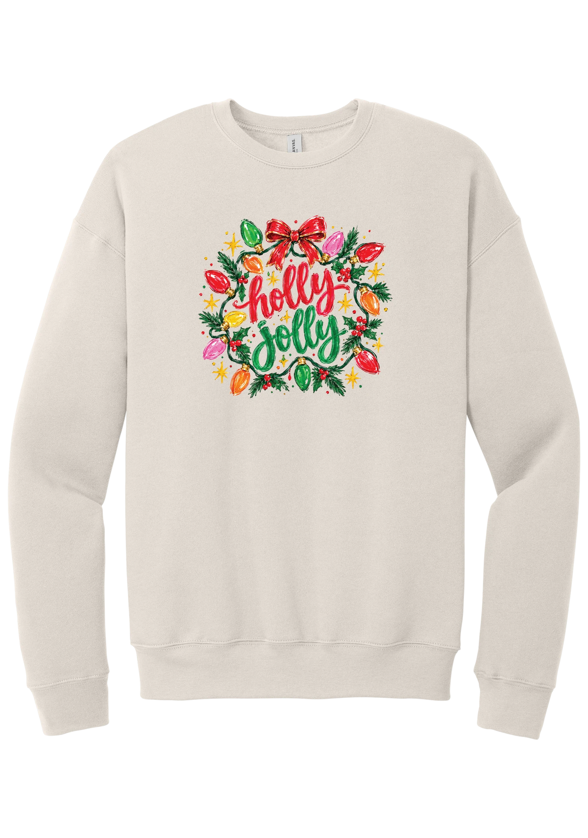 Holly Jolly Christmas Lights crewneck sweatshirt in Heather Dust, featuring hand-lettered holly jolly script framed by vintage Christmas bulb lights, pine, holly berries, and a red bow