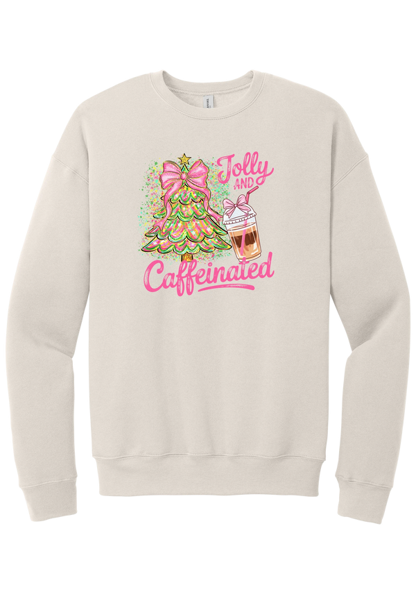 Jolly and Caffeinated crewneck sweatshirt in Heather Dust, featuring a pink bow Christmas tree and an iced coffee with Jolly and Caffeinated script