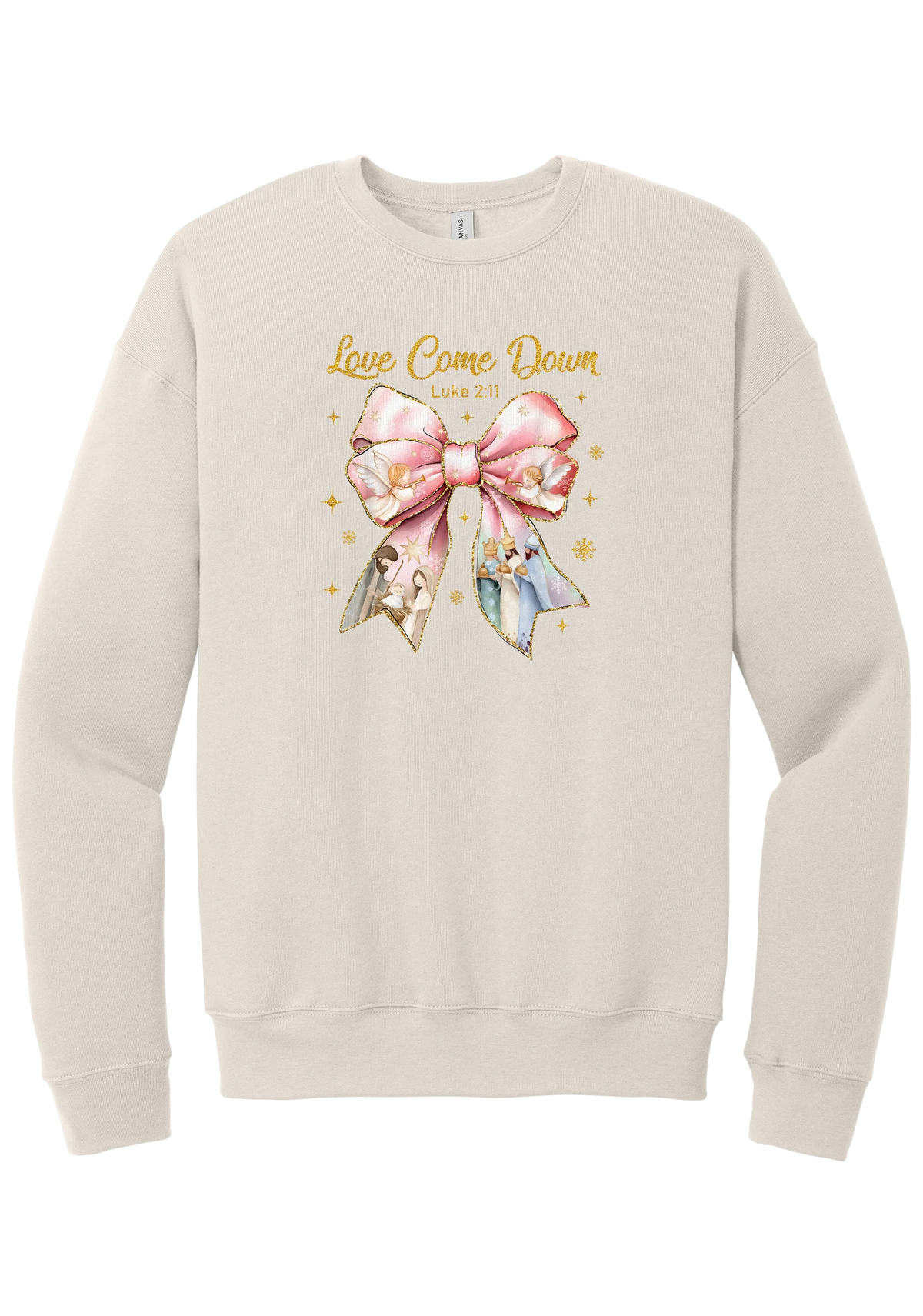 Love Came Down Nativity Bow crewneck sweatshirt in Heather Dust, featuring a blush satin bow with painted nativity scenes under gold Love Came Down script and Luke 2:11