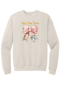 Love Came Down Nativity Bow crewneck sweatshirt in Heather Dust, featuring a blush satin bow with painted nativity scenes under gold Love Came Down script and Luke 2:11