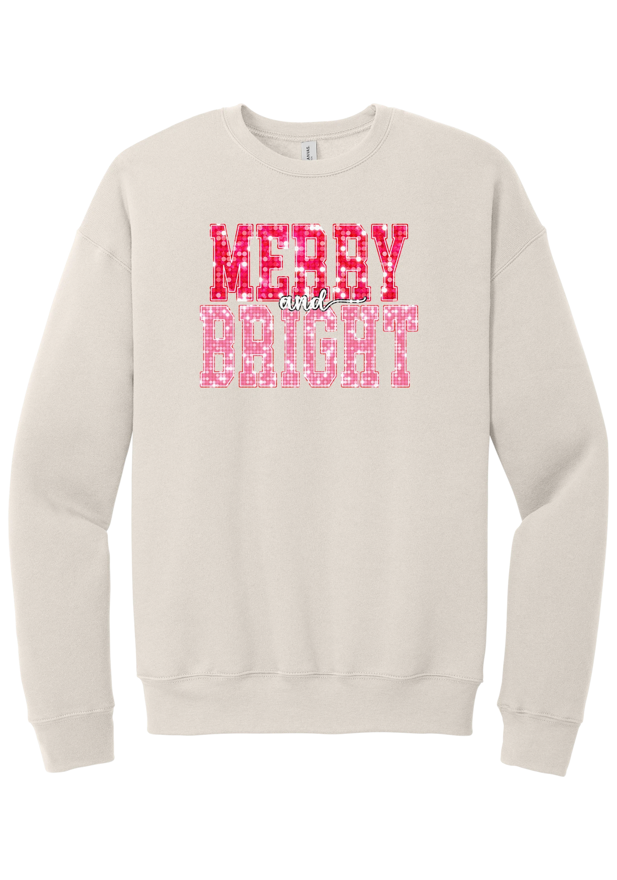 Merry and Bright Sequin crewneck sweatshirt in Heather Dust, featuring varsity MERRY and BRIGHT letters with a pink and red sequin look