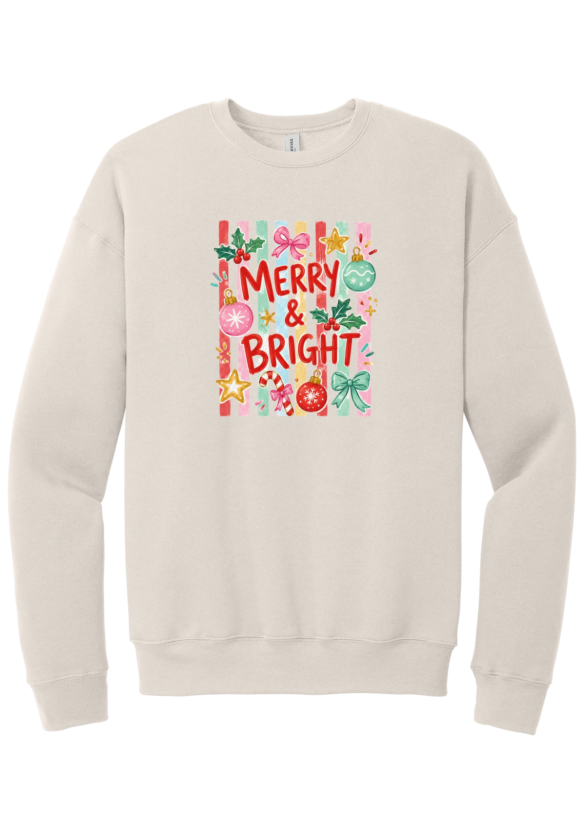 Merry and Bright Striped crewneck sweatshirt in Heather Dust, featuring red MERRY and BRIGHT letters on pink and green stripes with ornaments and holly