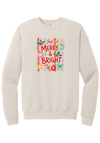 Merry and Bright Striped crewneck sweatshirt in Heather Dust, featuring red MERRY and BRIGHT letters on pink and green stripes with ornaments and holly