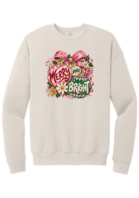 Merry and Bright Ornaments crewneck sweatshirt in Heather Dust, featuring hand-painted pink and green ornaments reading Merry and Bright with a pink bow, holly, daisies, a candy cane, and a gingerbread man