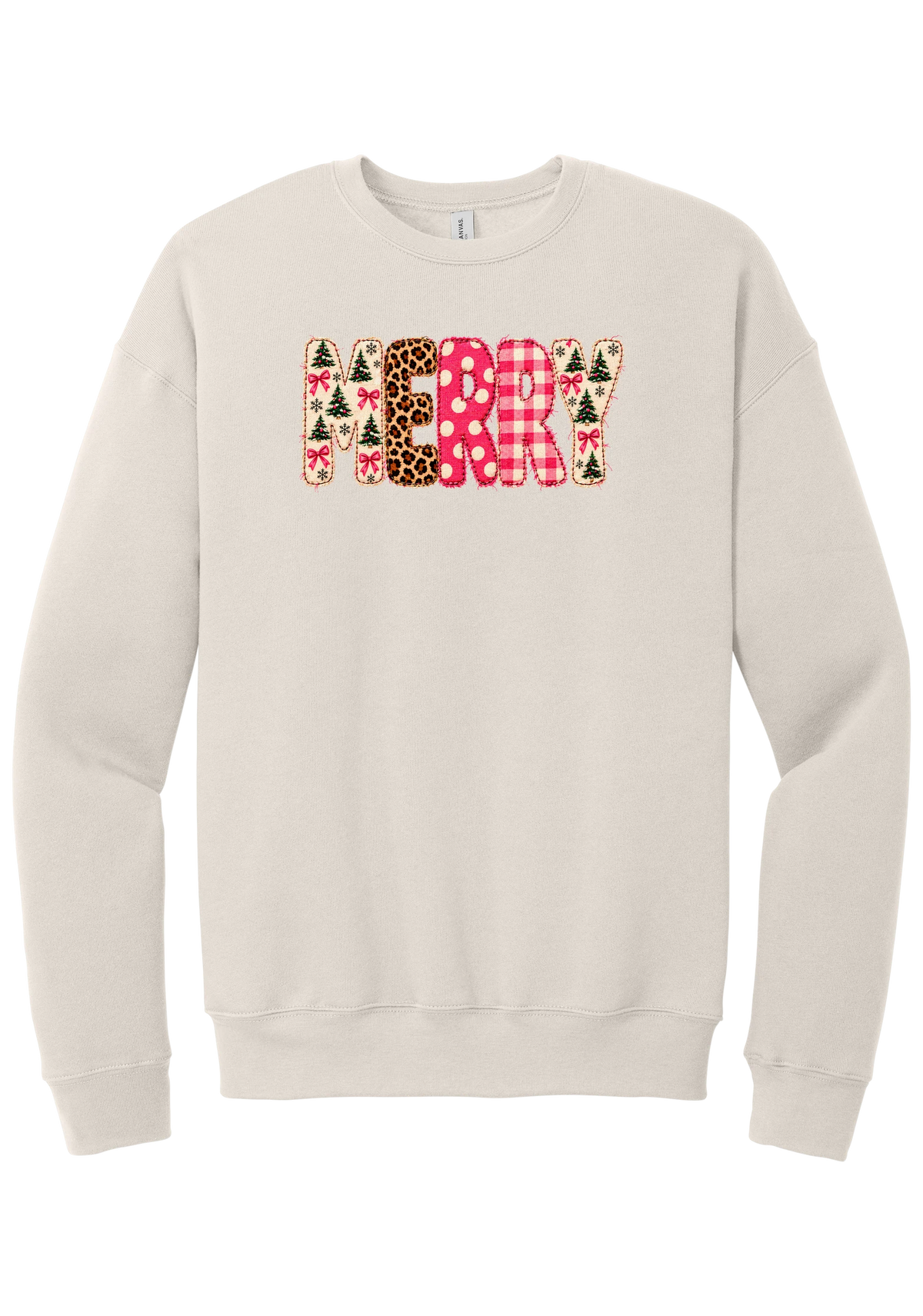 Merry Preppy Applique crewneck sweatshirt in Heather Dust, featuring faux applique MERRY letters in pink and green patchwork patterns with trees, gingham, Santas, polka dots, and candy cane stripes