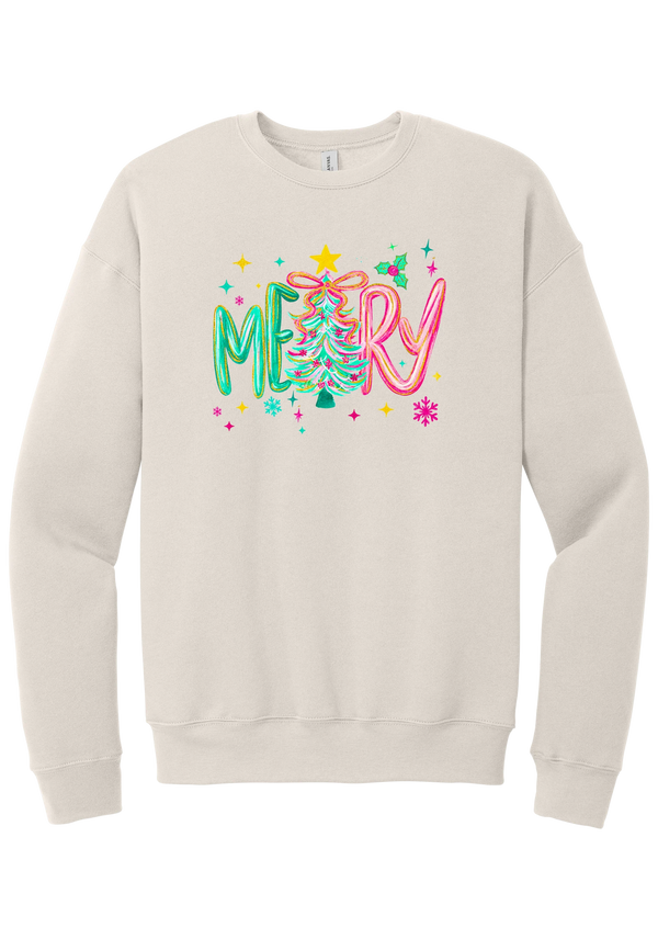 Merry Tinsel Tree crewneck sweatshirt in Heather Dust, featuring puffy teal and pink MERRY letters around a tinsel Christmas tree with a gold star