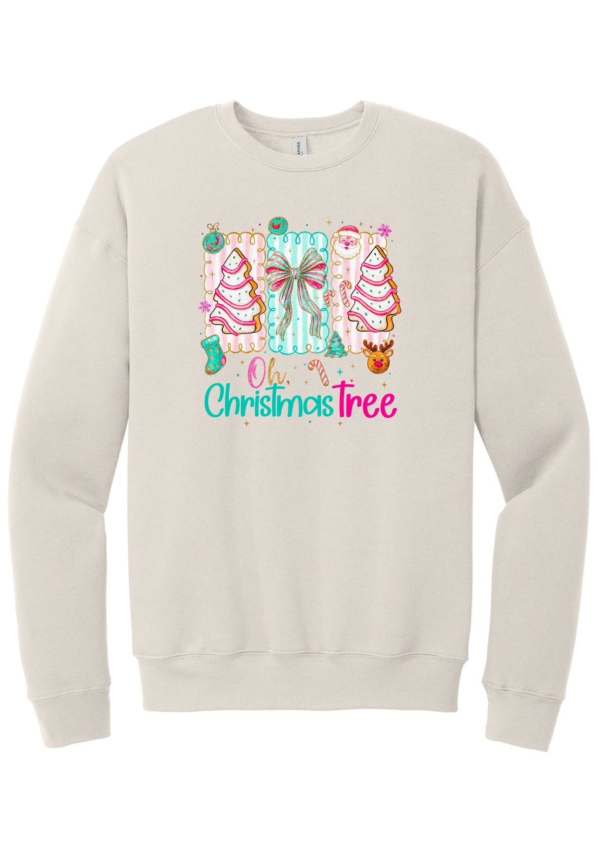 Oh Christmas Tree Cakes crewneck sweatshirt in Heather Dust, featuring frosted Christmas tree snack cakes on pink and mint panels over Oh Christmas Tree lettering